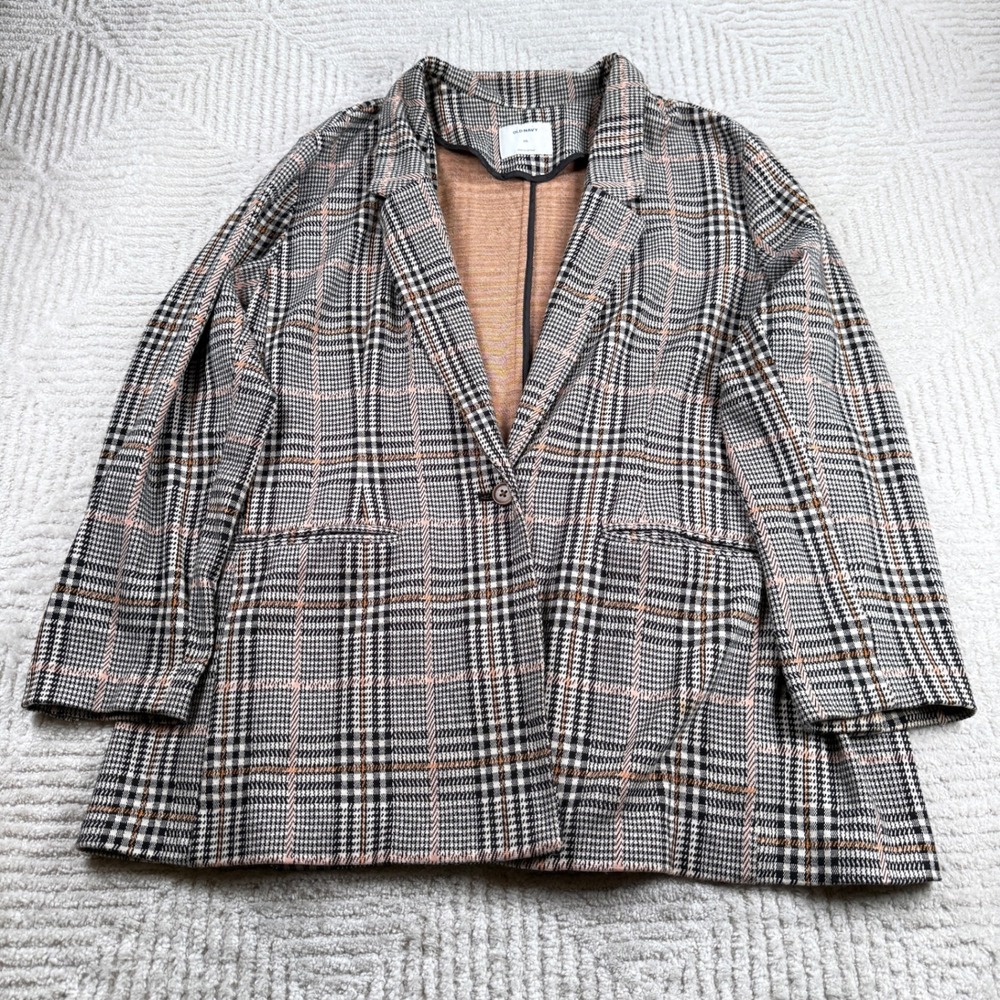 Old Navy Plaid Blazer Womenst XXL Black Tan Glen Check Jacket Academia Preppy